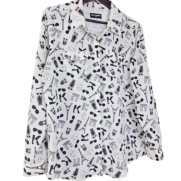 Karl Lagerfeld Paris Cat Print Button Up Shirt Pink Accents Roll Tab Sleeve L Fi - Picture 2 of 8